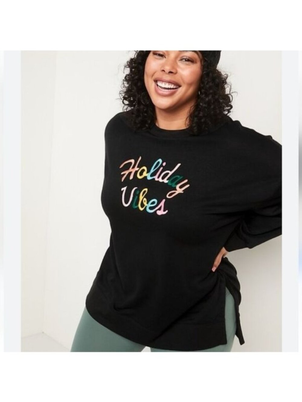 Old Navy Holiday Vibes Black Embroidered Tunic Sweatshirt Women's Size Small